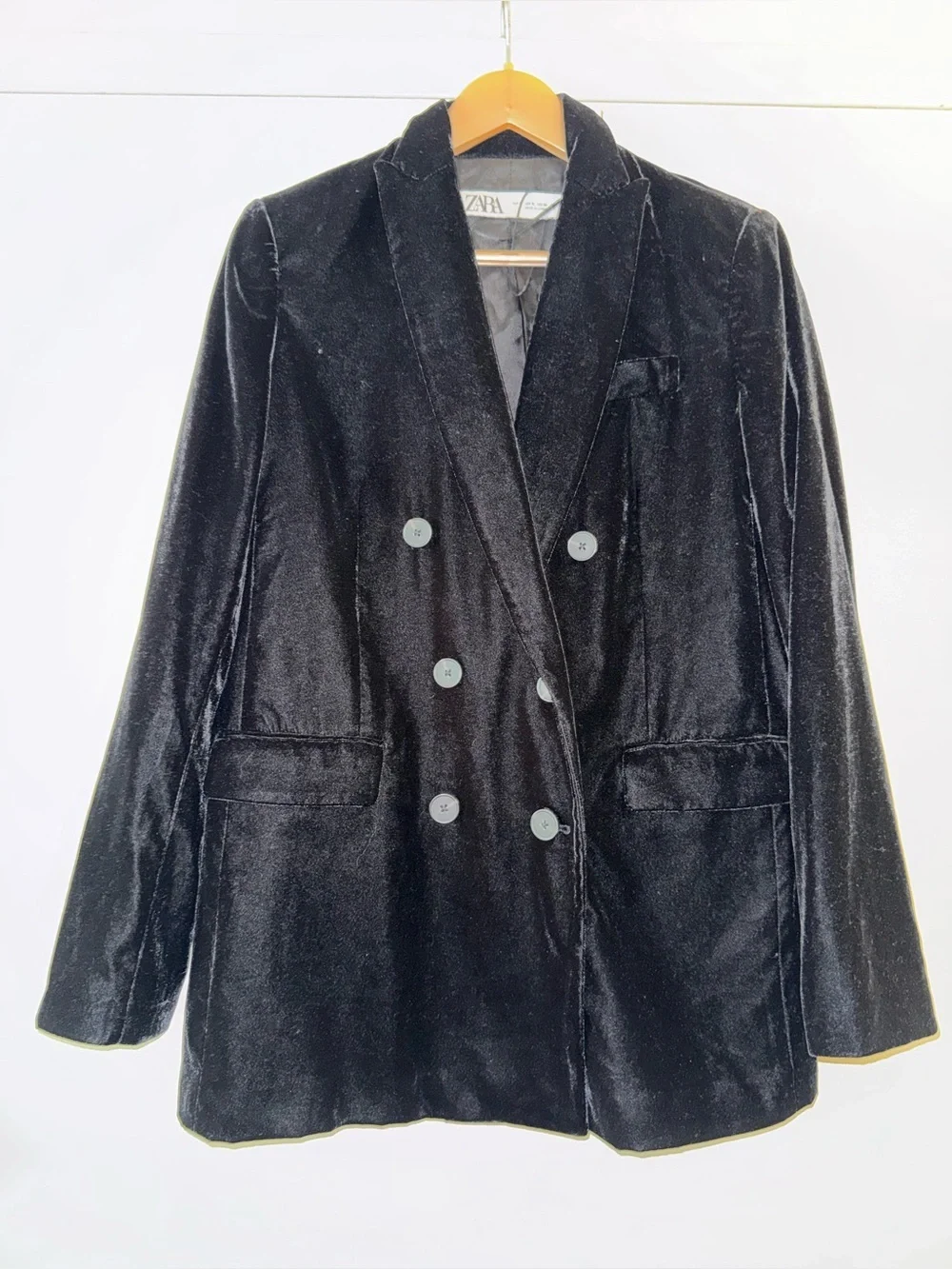 Zara Double-Breasted Velvet Blazer Black Sz Small
